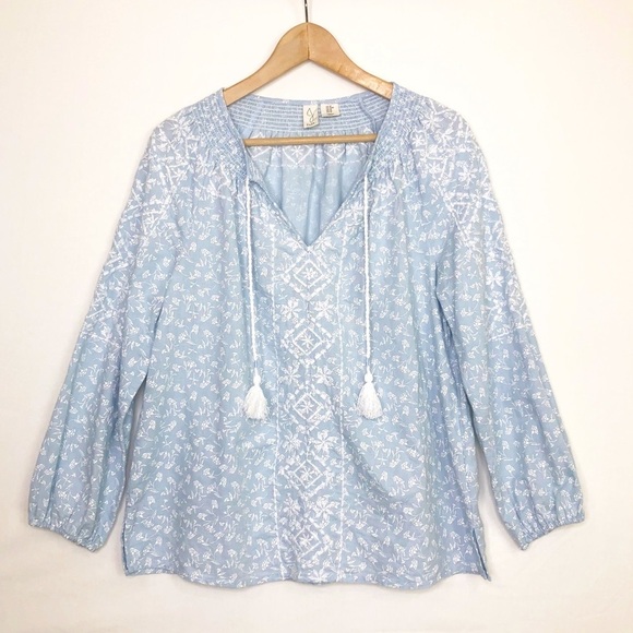 Joie powder, blue embroidered peasant, tunic blouse - Picture 1 of 11